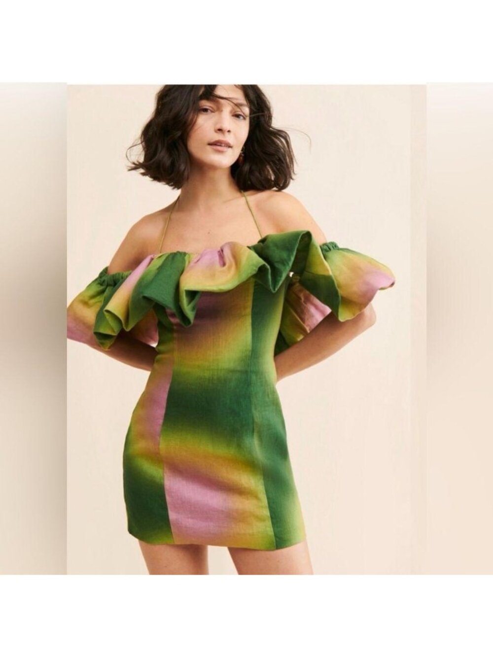 The Wolf Gang Mirador Mini Dress, Off-Shoulder Linen, Size Small